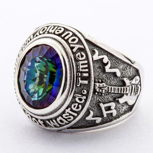 Three-quarter view of Mystic Quartz ring with guitar and musical note shoulder