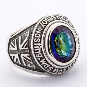 Three-quarter front view of Mystic Quartz Union Jack silver ring and flag shoulder