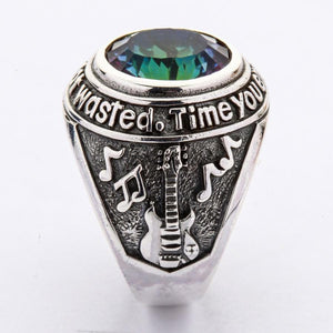 Side profile of guitar and musical notes on Mystic Quartz silver ring