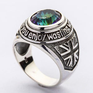 Angled view of color-shifting Mystic Quartz in silver ring