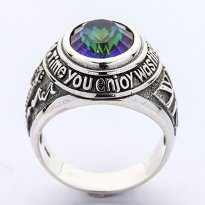 Raised oval Mystic Quartz and silver bezel of Union Jack rock ring