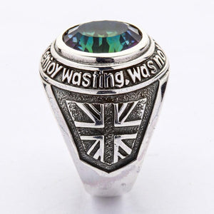 Side profile of Union Jack motif on Mystic Quartz silver ring