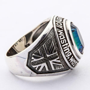 Union Jack shoulder and silver band of Mystic Quartz rock ring