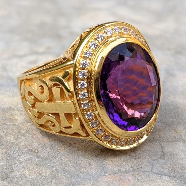 Natural Amethyst Diamond Gold Cross Bishop Ring