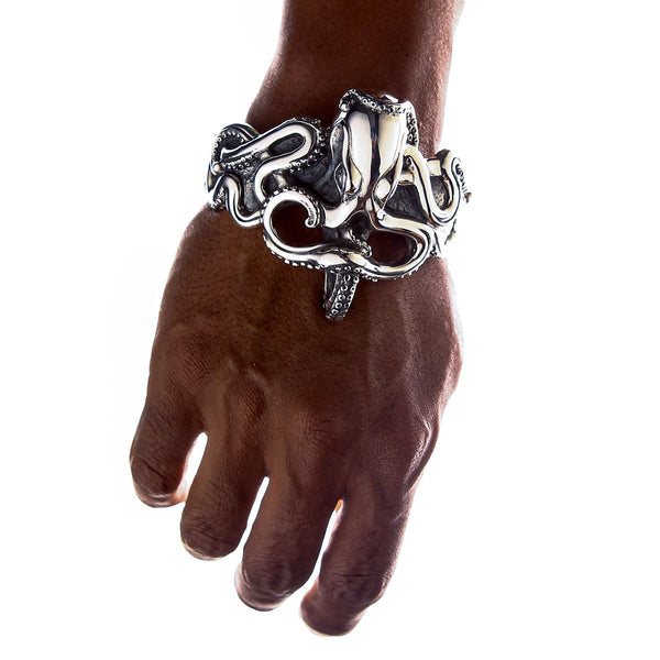 Bracelet manchette en argent sterling Octopus pour homme