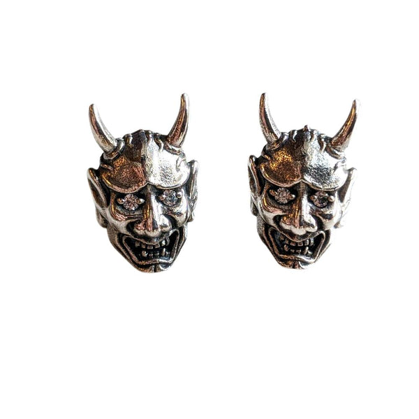 Brincos de máscara de diabo Oni com caveira de prata esterlina