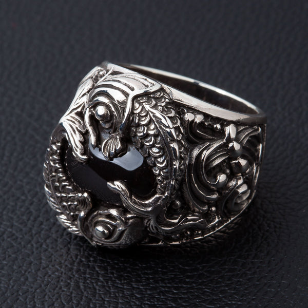 Onyx Sterling Silver Koi Gothic Ring