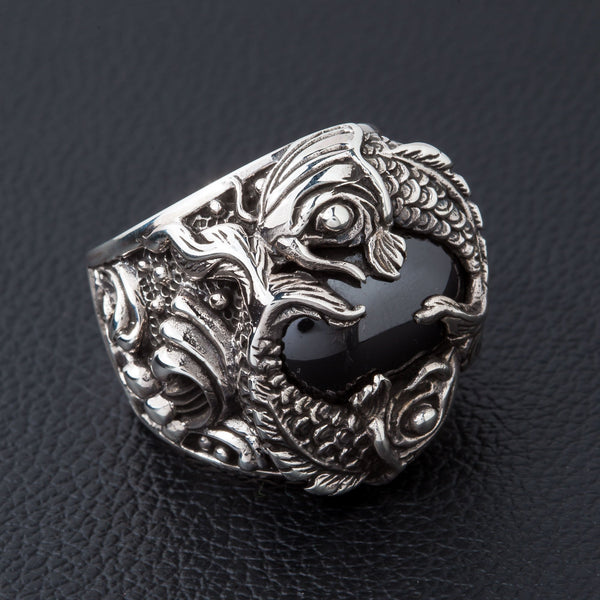 Onyx Sterling Silver Koi Gothic Ring