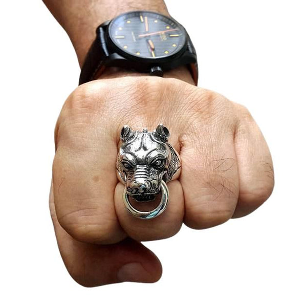 Sterling Silver Pitbull Dog Head Ring