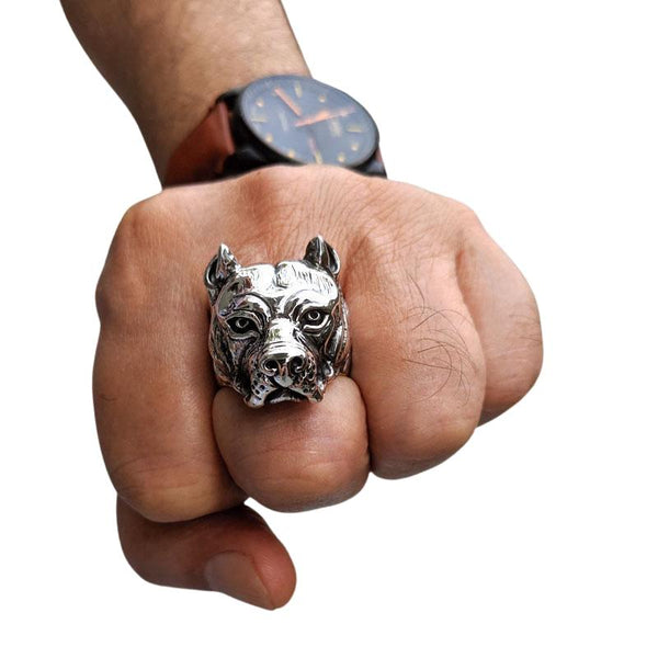 Anéis de motociclista para cães Pitbull em prata esterlina