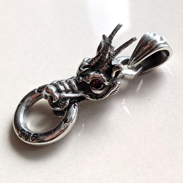 Dragon Pendant Sterling Silver with Red Eyes