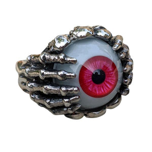 Red Eyeball Skeleton Claw Sterling Silver Ring, product detail view (original gallery image 1)
