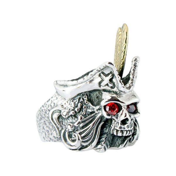 Sterling Silver Red Eye Skull Pirate Ring