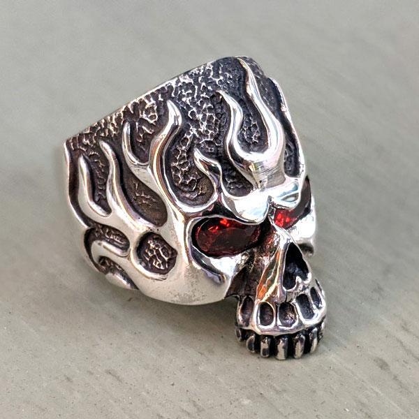 Silver Red Eyes Flame Skull Ring