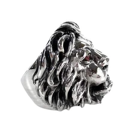 Lion Men's Ring Red Garnet Eyes Sterling Silver
