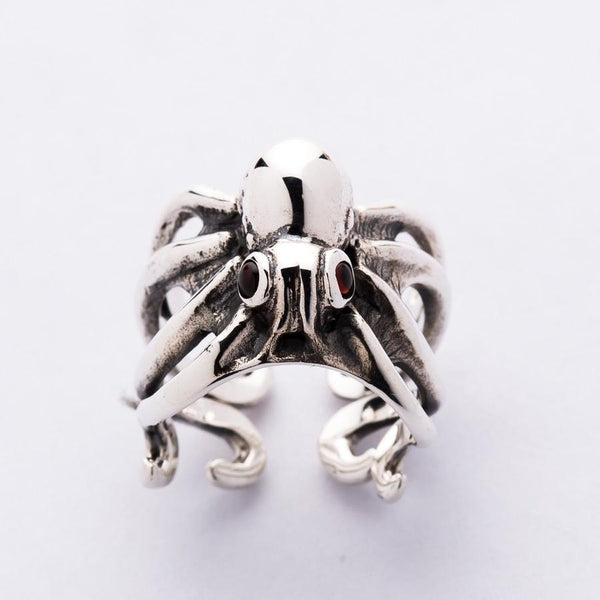 Anello Octopus in argento sterling occhi rossi