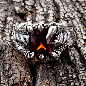 Red Garnet Claw Sterling Silver Gothic Ring, garnet front three quarter