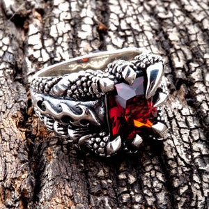 Red Garnet Claw Sterling Silver Gothic Ring, garnet opposite three quarter