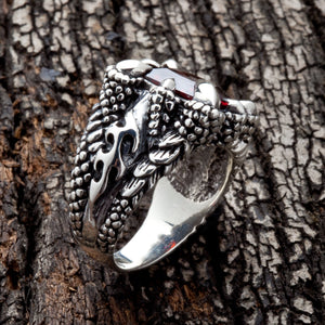 Red Garnet Claw Sterling Silver Gothic Ring, back and inner band