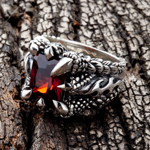 Red Garnet Claw Sterling Silver Gothic Ring, garnet claw front