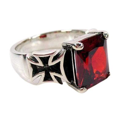 Red Garnet Sterling Silver Iron Cross Ring
