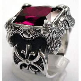 Red Ruby Silver Dragon Claw Biker Rings