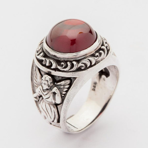 Red Stone Silver Cupid Love Ring