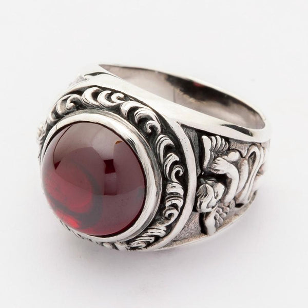 Red Stone Silver Cupid Love Ring