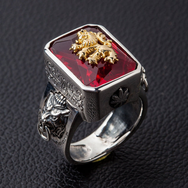 Кольцо со львом из стерлингового серебра 925 пробы с красным камнем