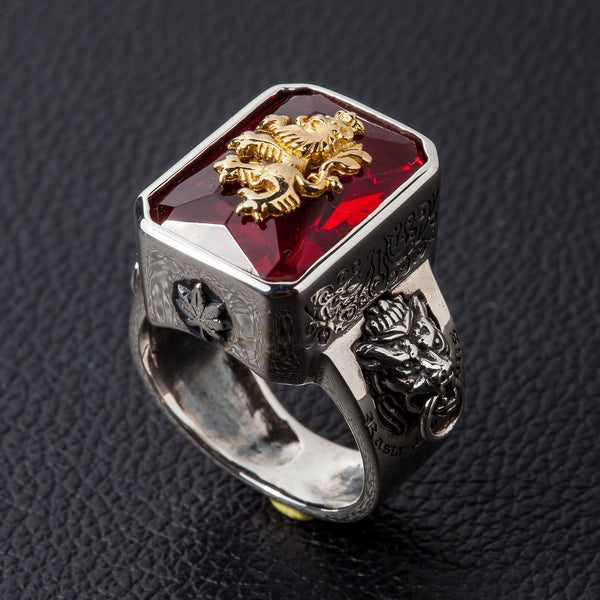 925 Sterling Silver Red Stone Lion Ring