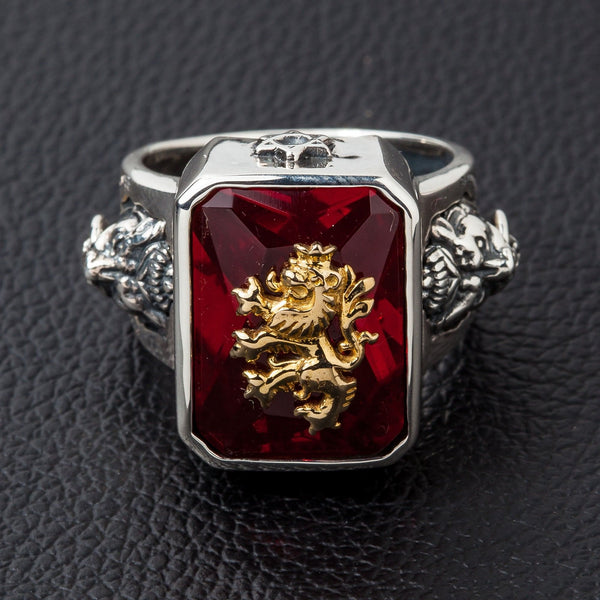 925 Sterling Silver Red Stone Lion Ring