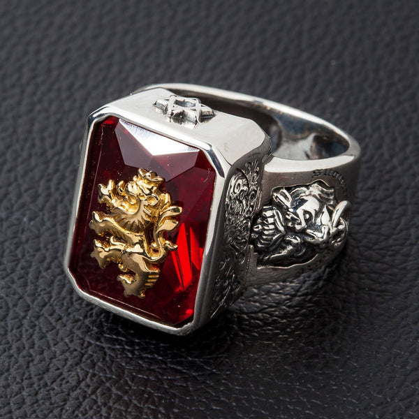 Anello leone con pietra rossa in argento sterling 925