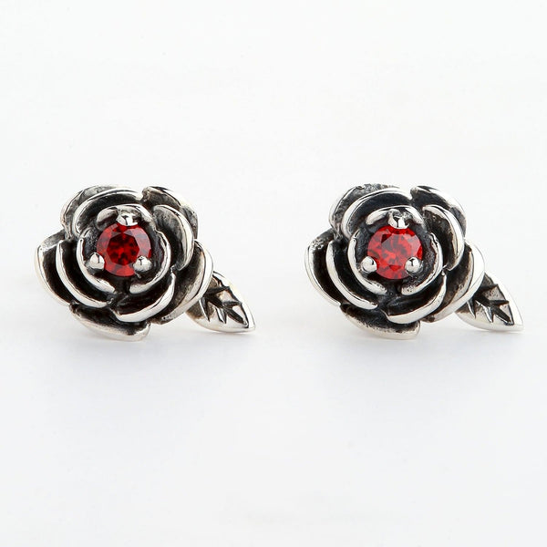 Sterling Silver Red Rose Earrings