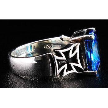 Sapphire Cross Silver Mens Ring