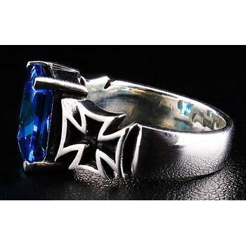 Sapphire Cross Silver Mens Ring