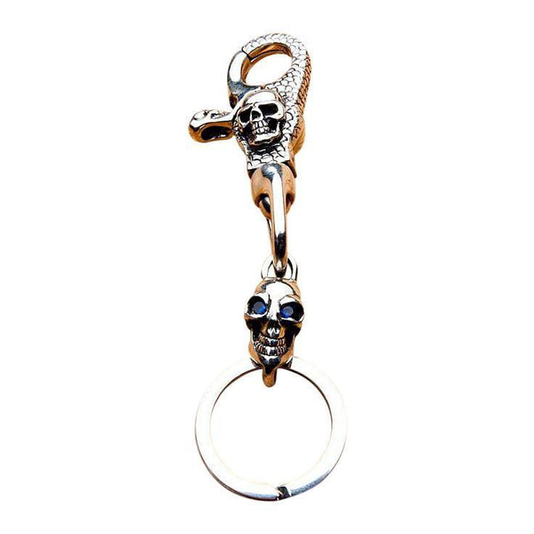 Sapphire Skull Sterling Silver Biker Keychain