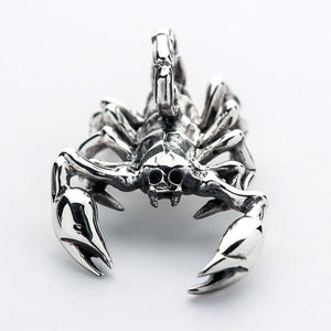 Small Scorpion Sterling Silver Pendant: A close-up front view of the gothic scorpion pendant, highlighting the detailed and menacing texture of its head