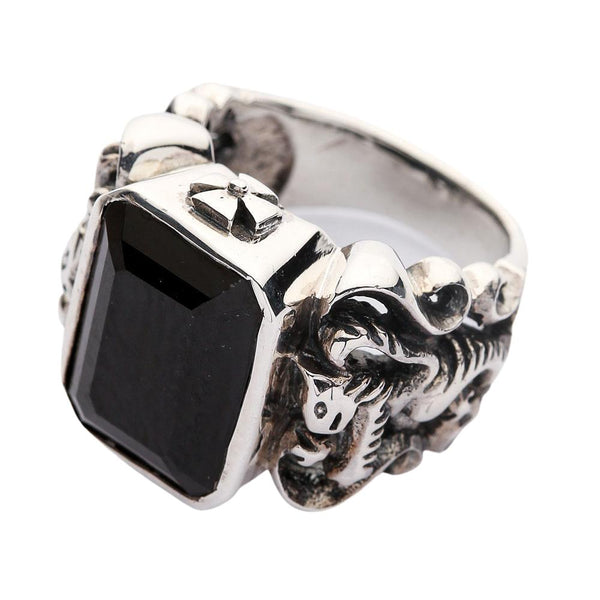 Black Stone Scottish Rampant Lion Mens Ring
