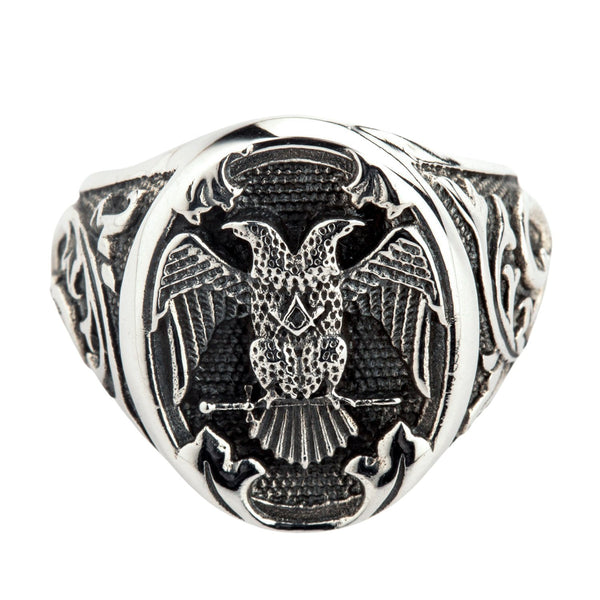 Anello massonico in argento con aquila bicipite di rito scozzese