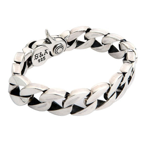 Heavy Sterling Silver Curb Link Bracelet: Side view of silver bracelet showing S&A 925 hallmark stamp