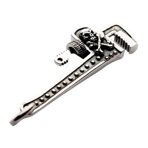 Skull Wrench Sterling Silver Pendant: Biker skull wrench pendant in sterling silver top angle view