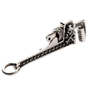 Skull Wrench Sterling Silver Pendant: Mens sterling silver wrench necklace pendant detailed closeup