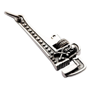 Skull Wrench Sterling Silver Pendant: Silver mechanic jewelry wrench pendant complete view