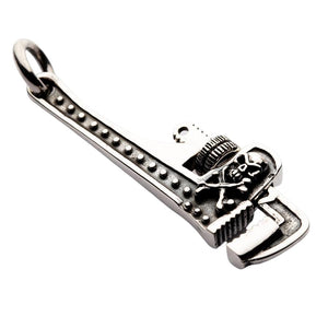 Skull Wrench Sterling Silver Pendant: Sterling silver pipe wrench pendant with skull and crossbones front view