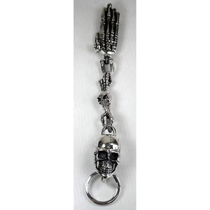 Skeleton Hand Skull Sterling Silver Keychain, full length