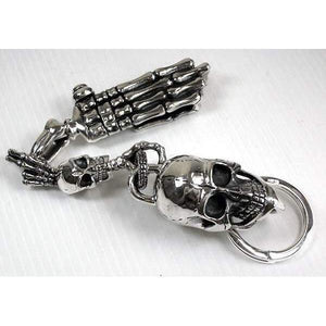 Skeleton Hand Skull Sterling Silver Keychain, diagonal front