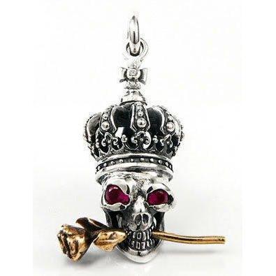 Sterling Silver Crown Skull and Rose Pendant