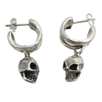 Sterling Silver Dangle Punk Skull Earrings