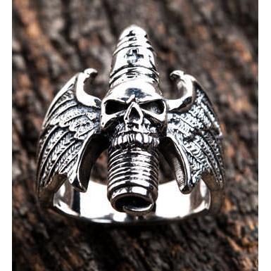Sterling Silver Goth Skull Wings Ring