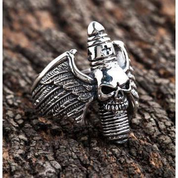 Anello in argento sterling con ali di teschio gotico